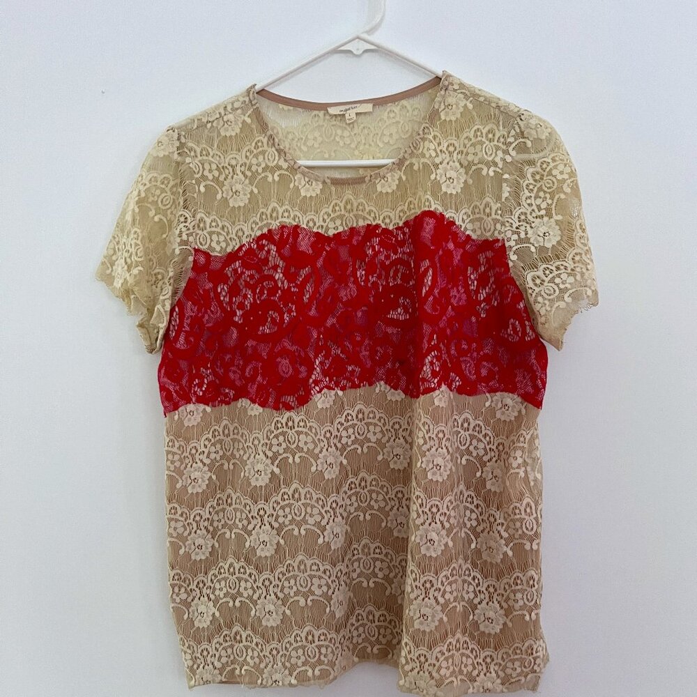 MYSTREE Sheer Dainty Crochet Lace Mesh Romantic Bohemian Short Sleeve Blouse